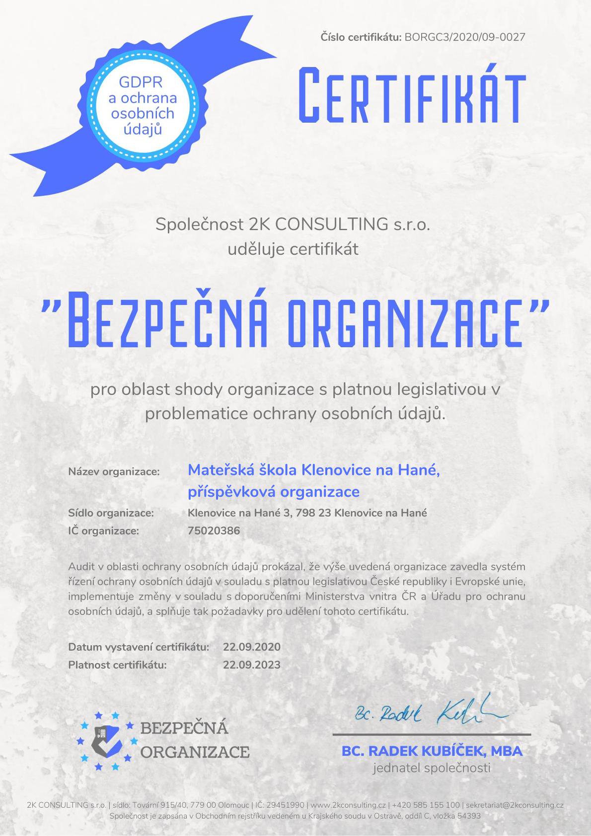 Certifikát bezpečné organizace